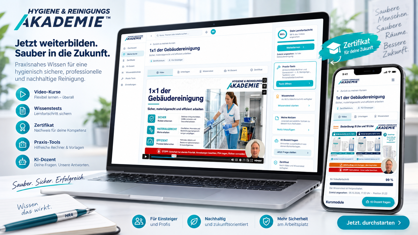 Onlinekurse der Hygiene & Reinigungs Akademie mit Video-Kursen, Wissenstests, Zertifikat, Praxis-Tools und KI-Dozent