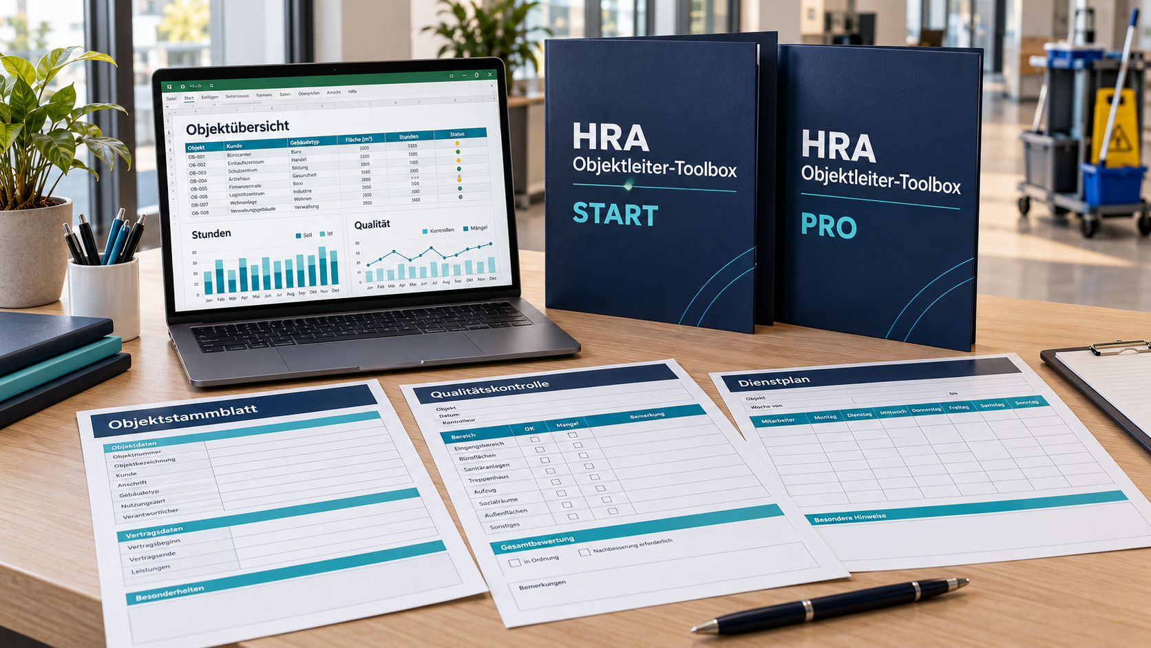 Produktillustration der HRA Objektleiter-Toolbox START und PRO mit Laptop und beispielhaften Formularen