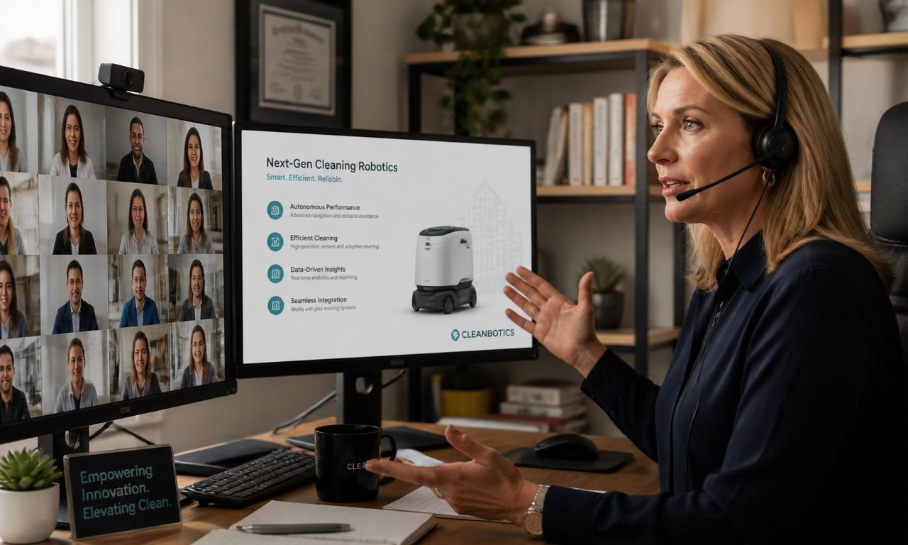 Referentin präsentiert ein Online-Webinar zur Reinigungsrobotik
