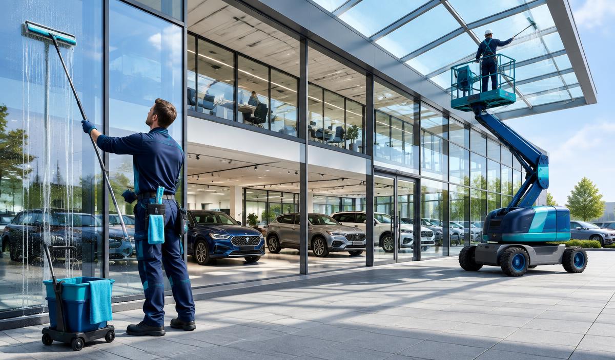 Glasreinigung an einem Autohaus mit Hubarbeitsbühne