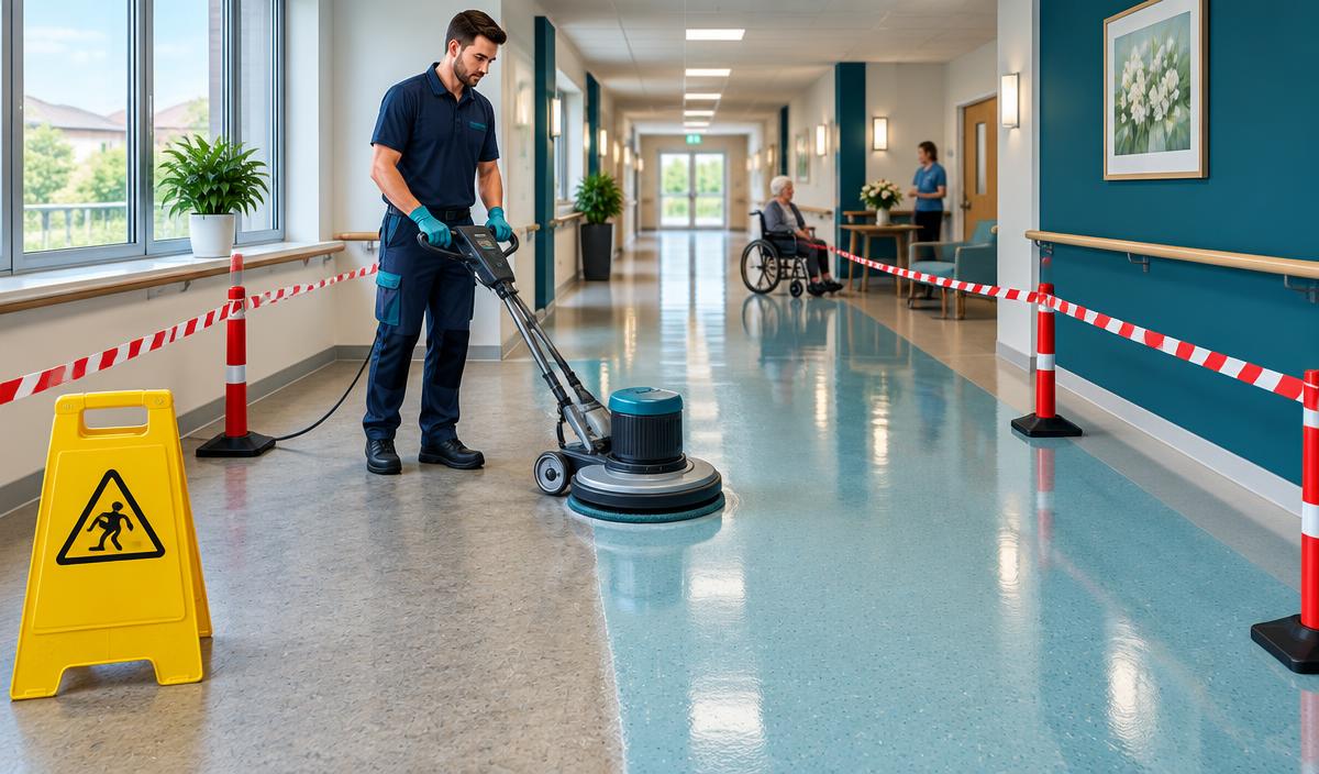 Grundreinigung eines Linoleumbodens im Pflegeheim
