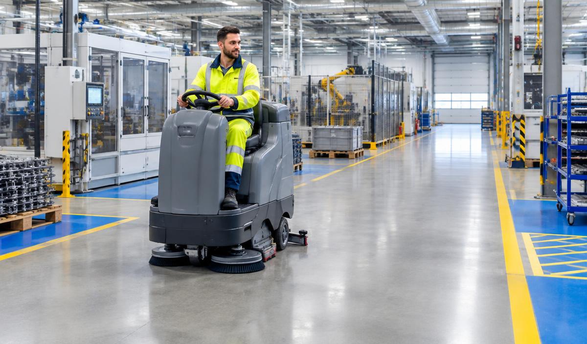 Maschinelle Bodenreinigung in einer Industriehalle
