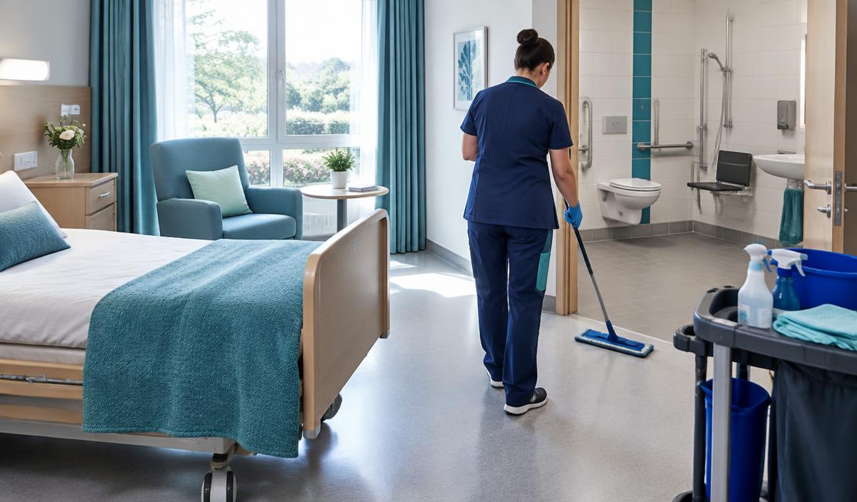 Professionelle Reinigung eines Bewohnerzimmers mit barrierefreiem Bad