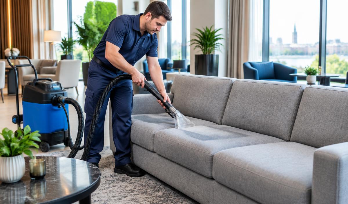 Professionelle Sprühextraktion eines Stoffsofas