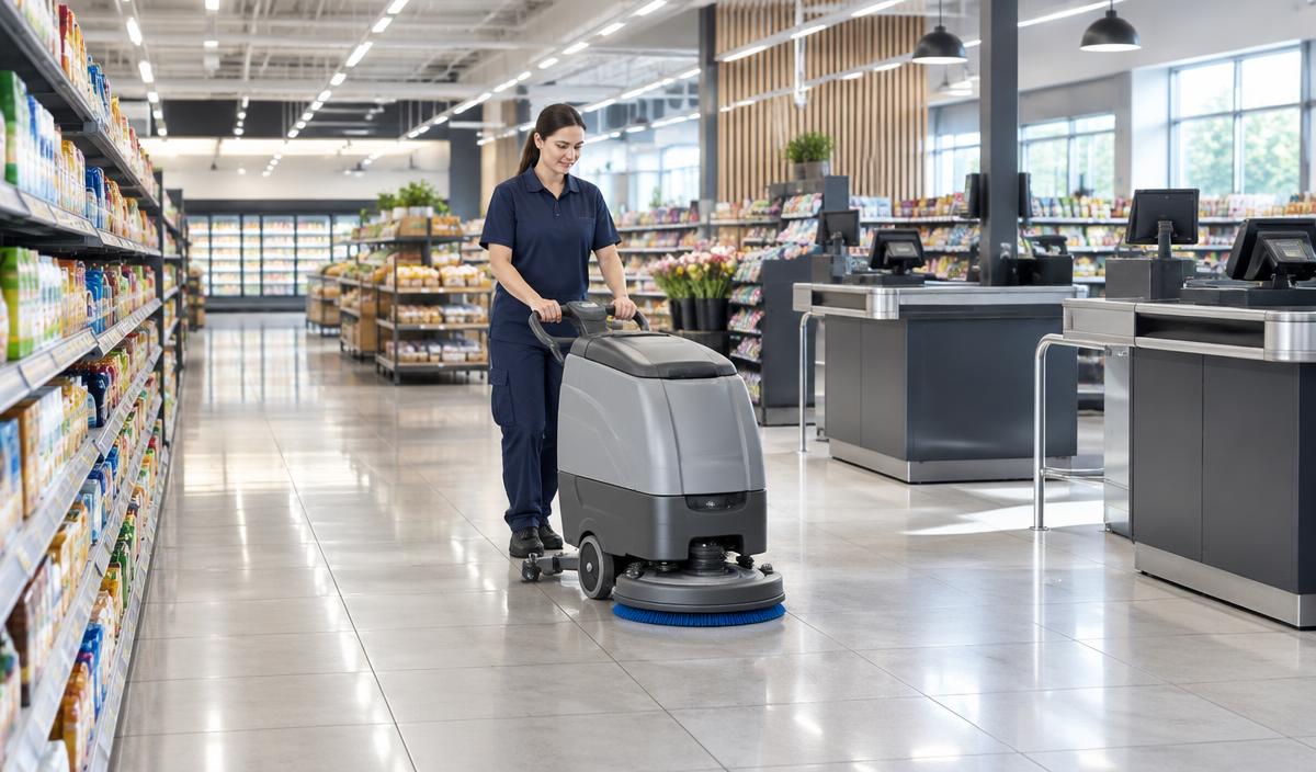 Maschinelle Reinigung eines Supermarkts vor der Öffnung